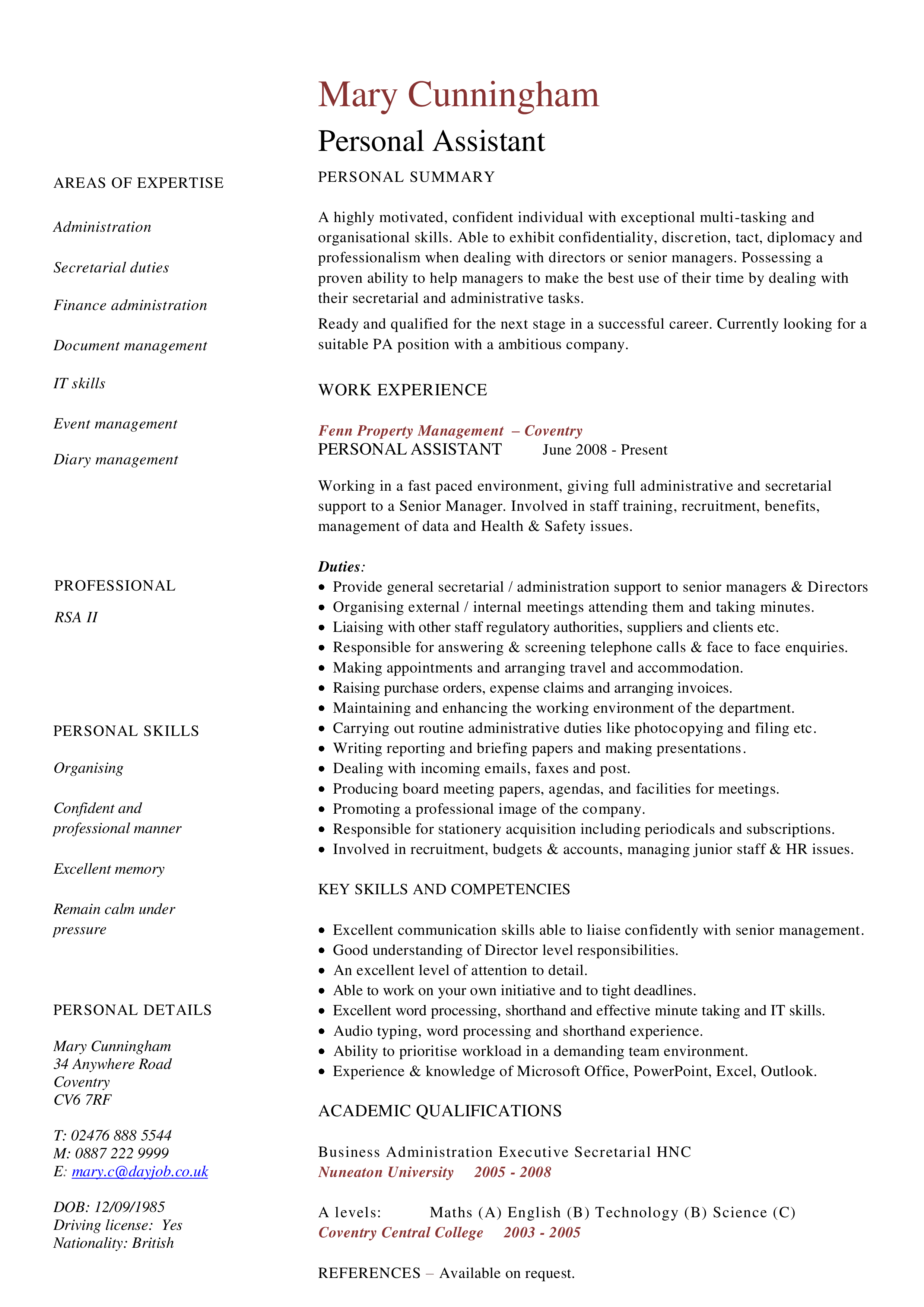 personal assistant finance administration resume modèles