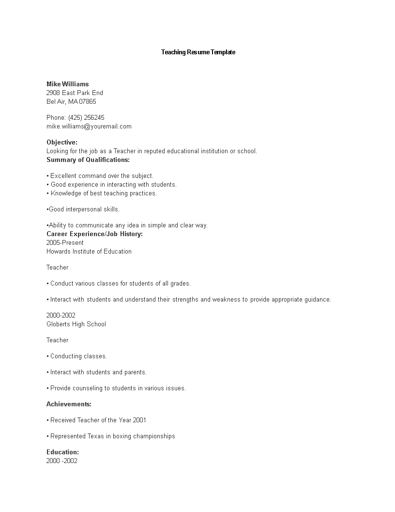 resume for teacher without experience sample Hauptschablonenbild