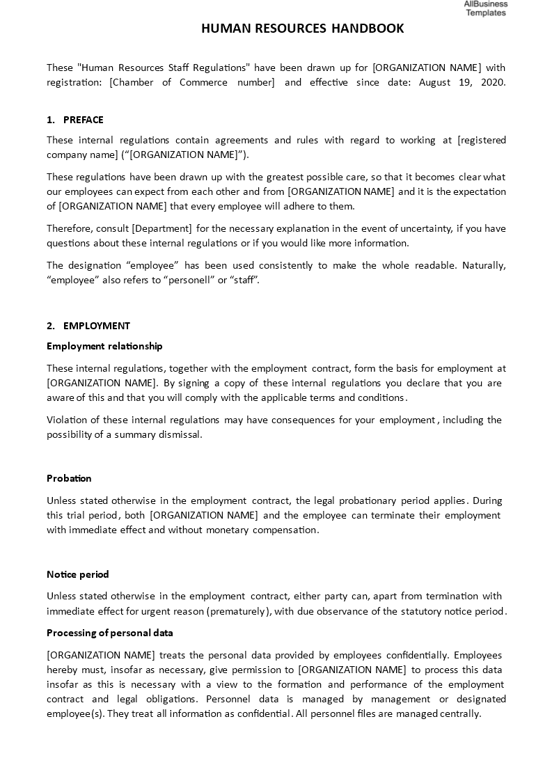 company employee handbook sme template