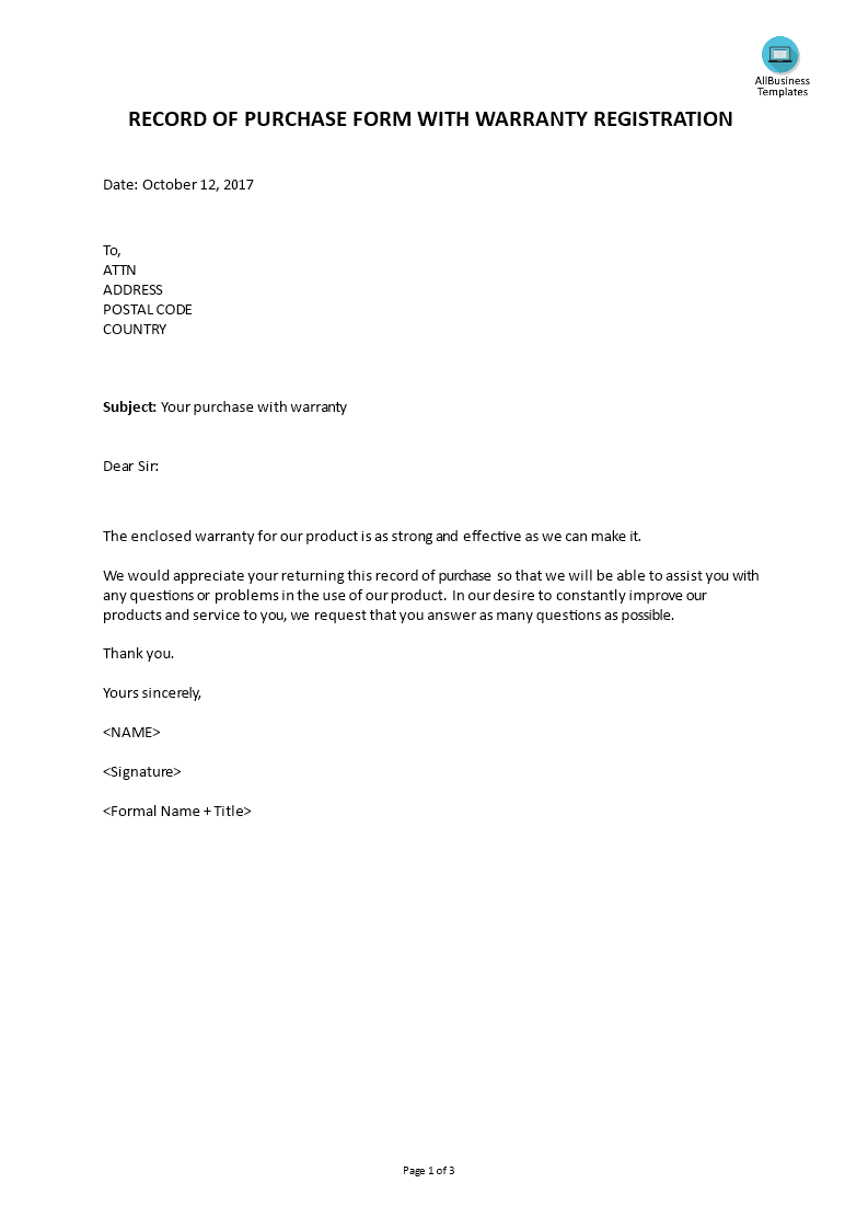 record of purchase form with warranty registration template