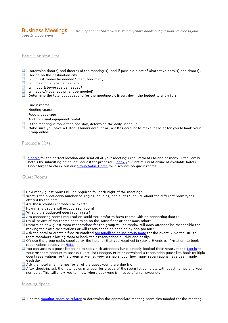 Business Meeting Checklist Templates at