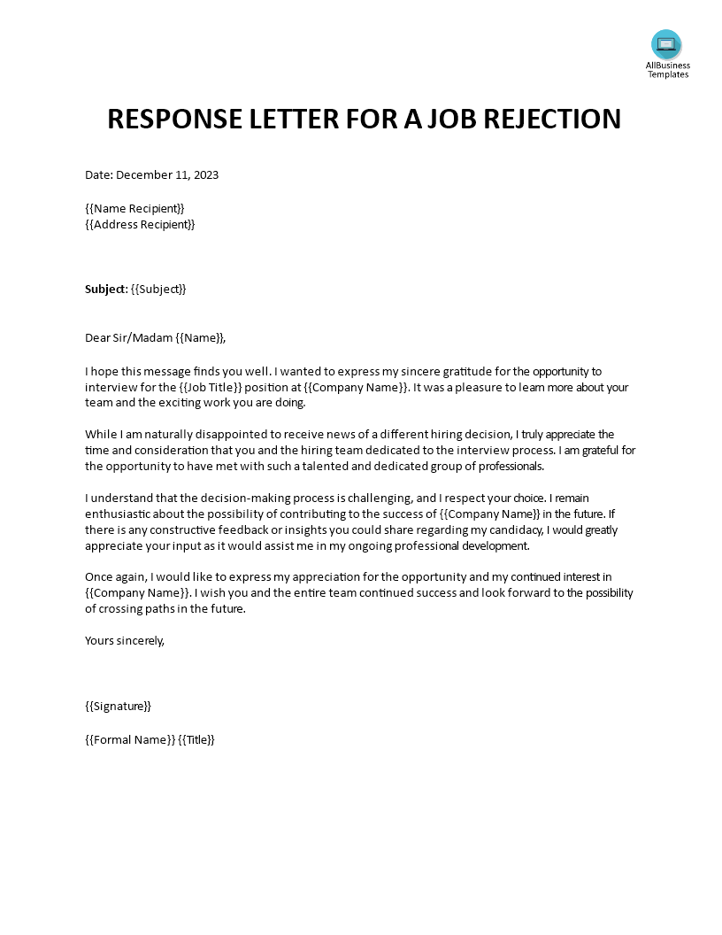 Kostenloses Reply Letter to Rejection Job Position