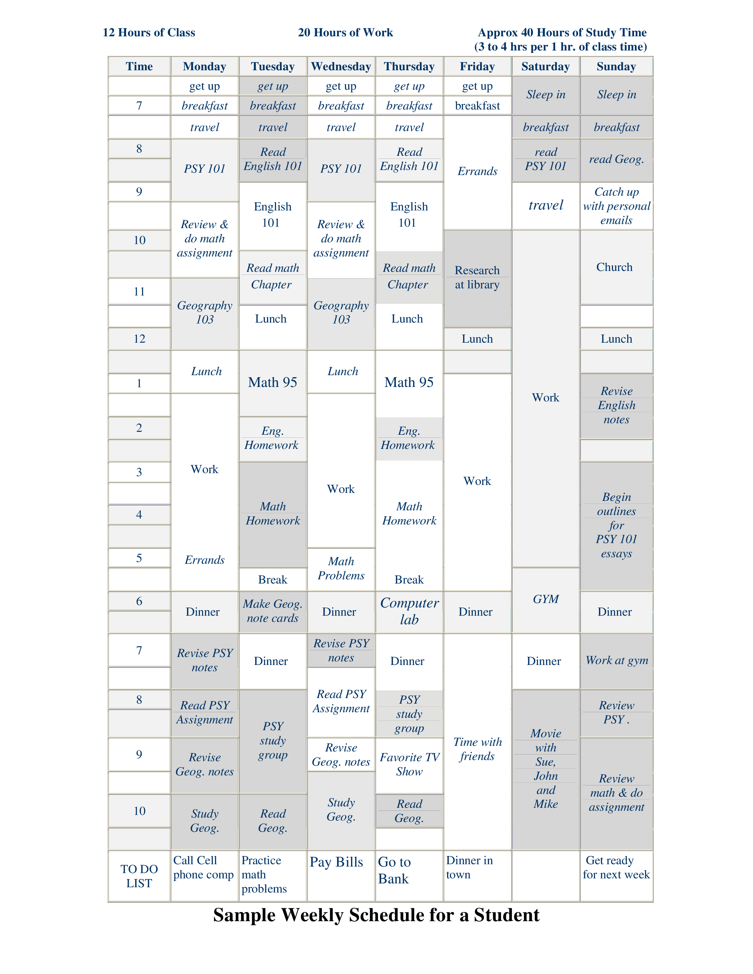 Student Weekly Schedule Templates at