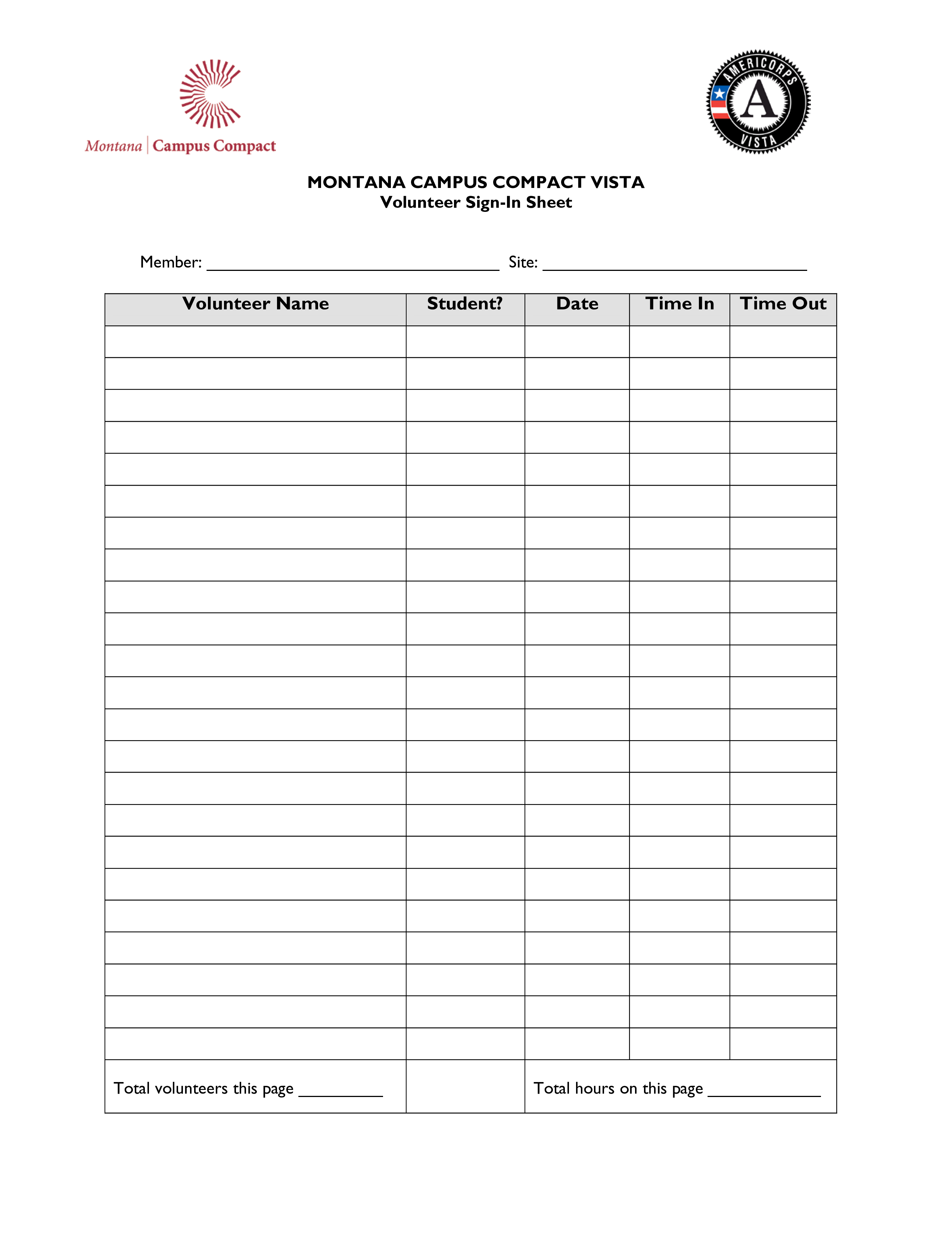 Blank Volunteer Sign In Sheet main image