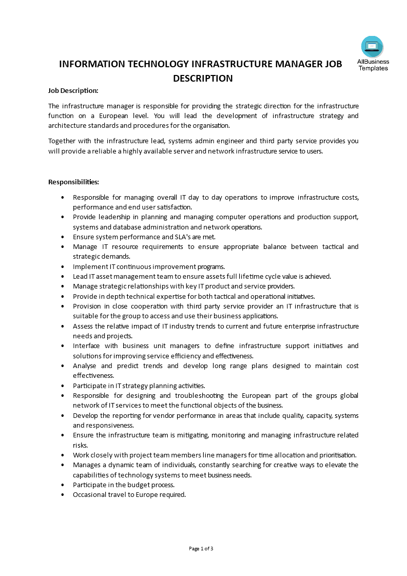 Information Technology Infrastructure Manager Job Description main image