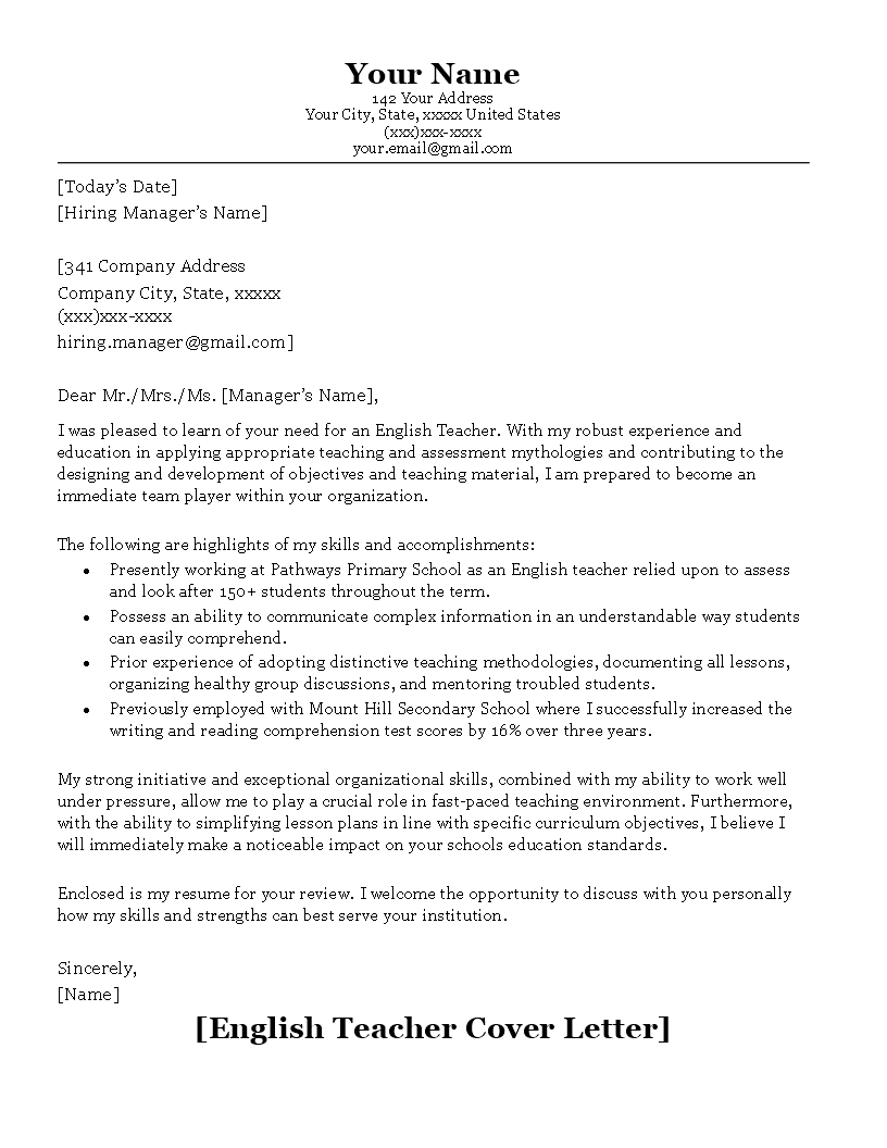 cover letter for teacher of english