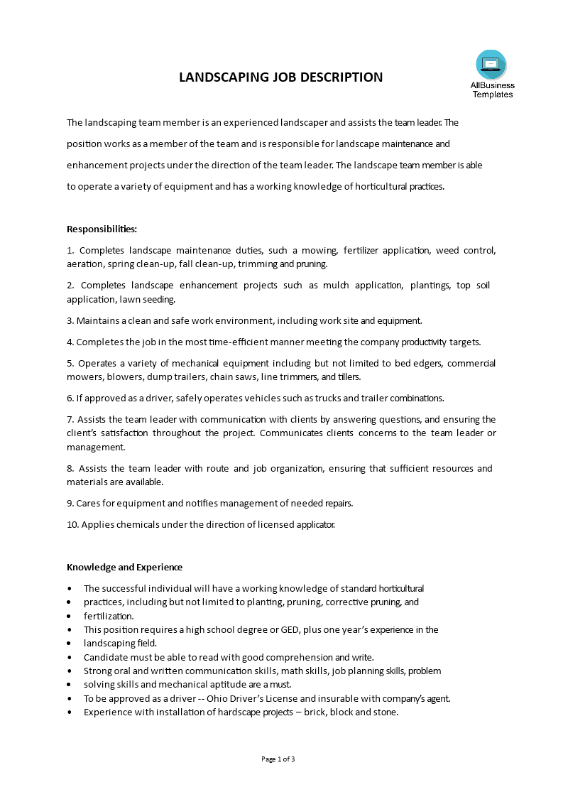 landscape team member job description template