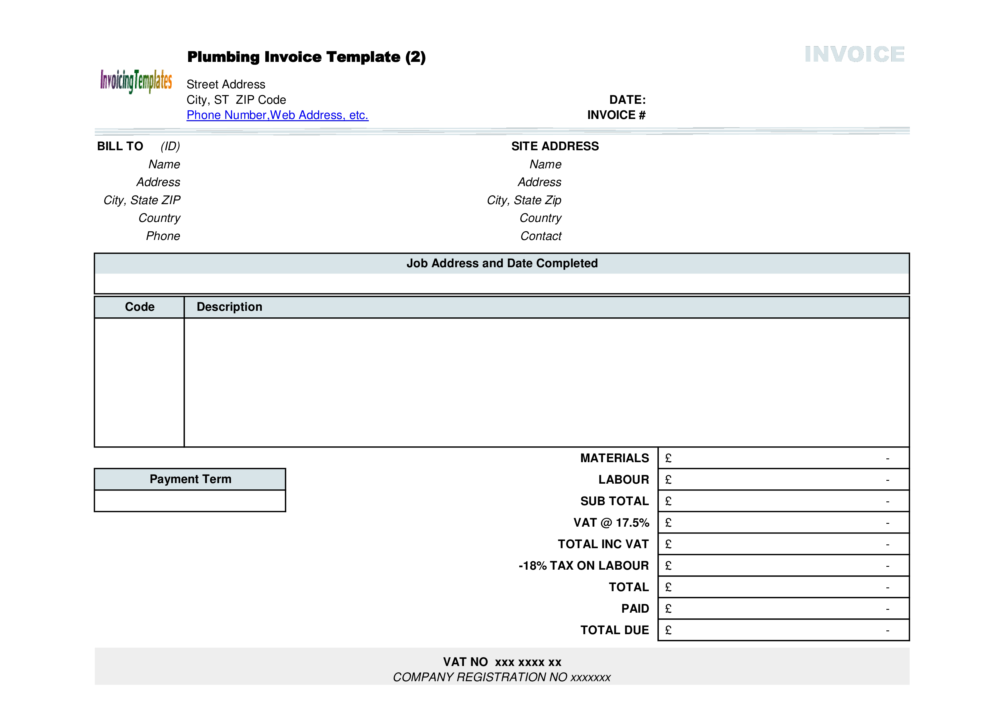 plumbing contractor receipt in landscape template