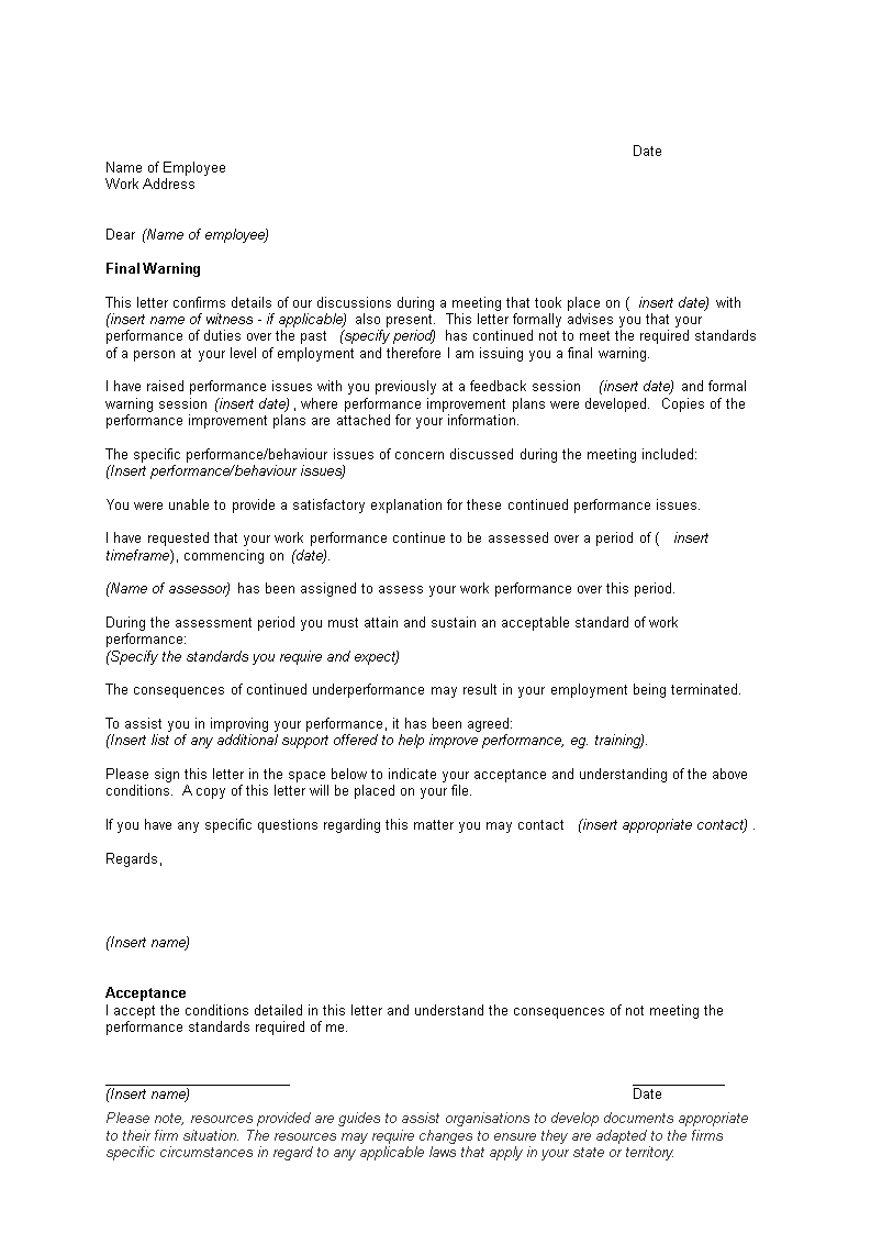 job performance warning letter template