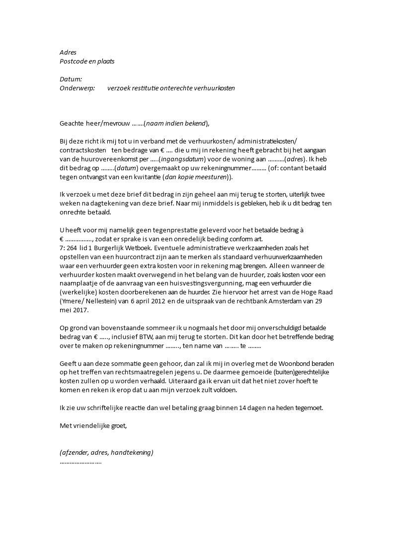 terugvorderen contractkosten onterechte verhuur template