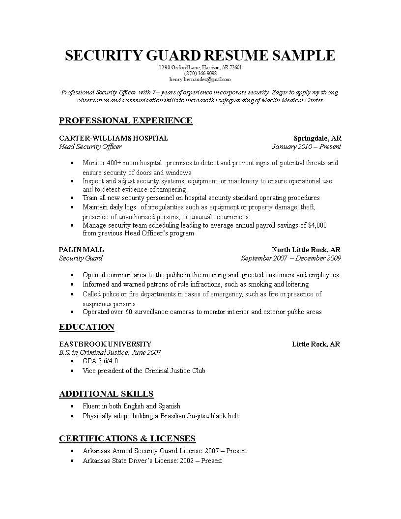 resume format security guard