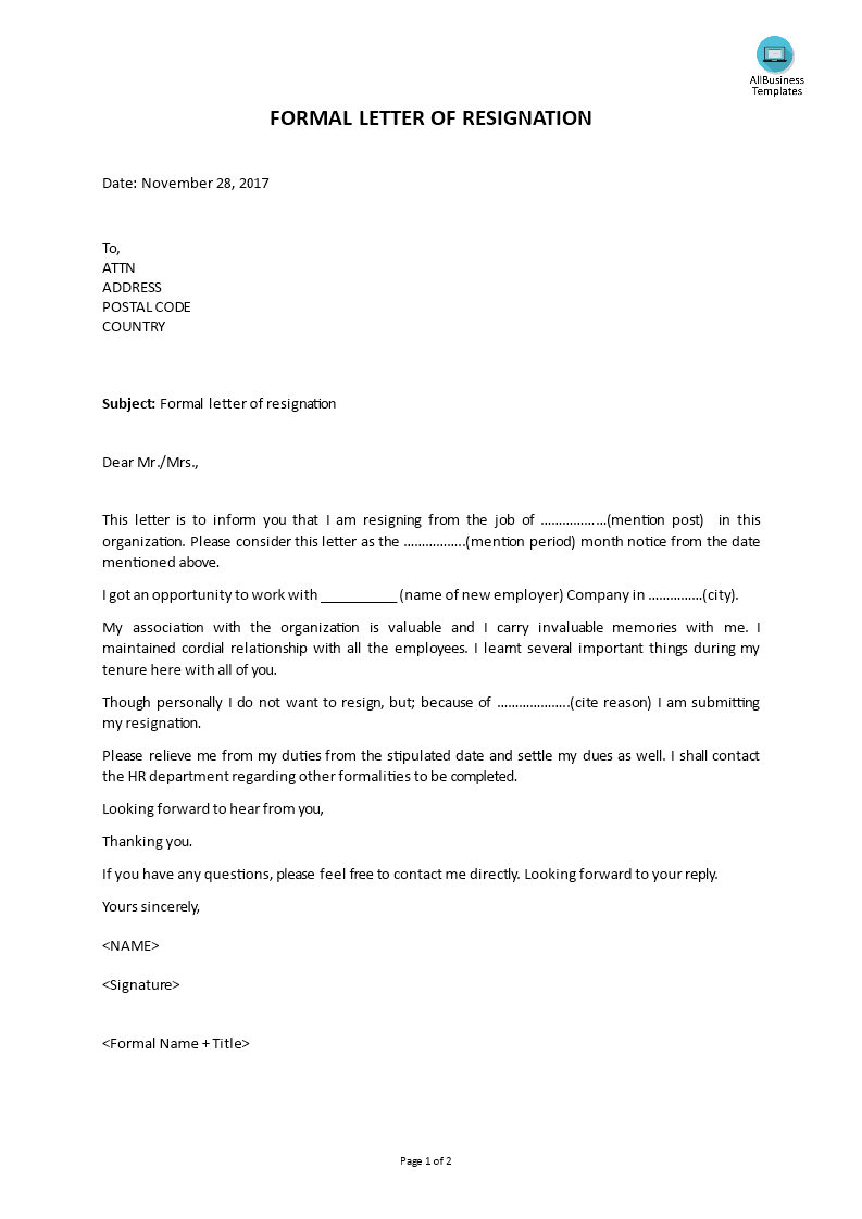 formal letter of resignation Hauptschablonenbild