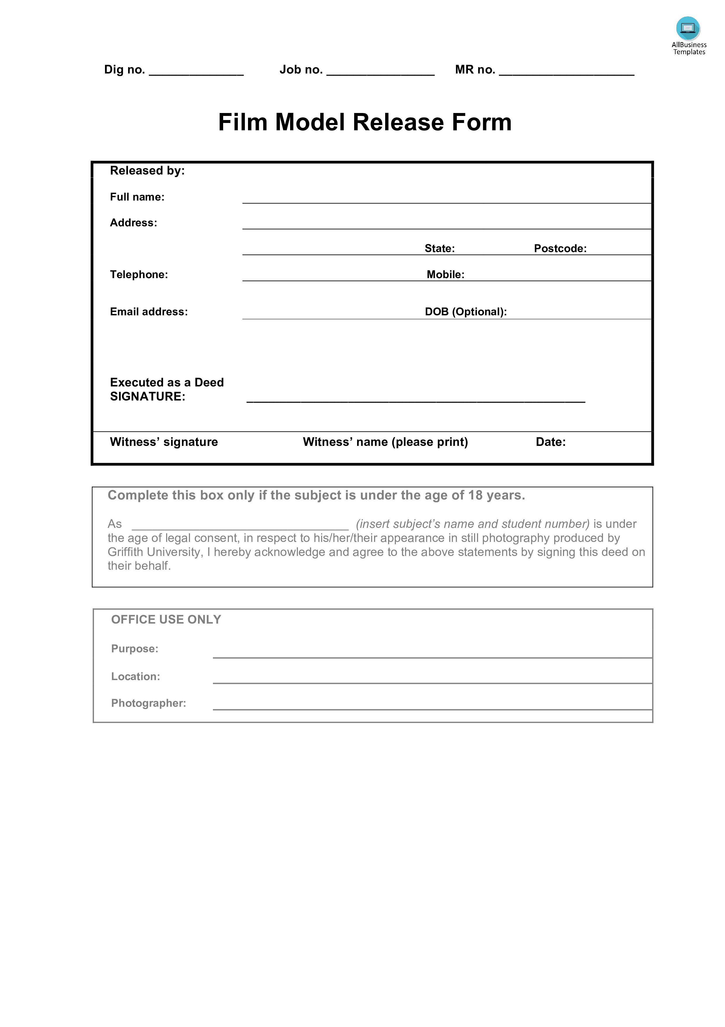 film model release form template