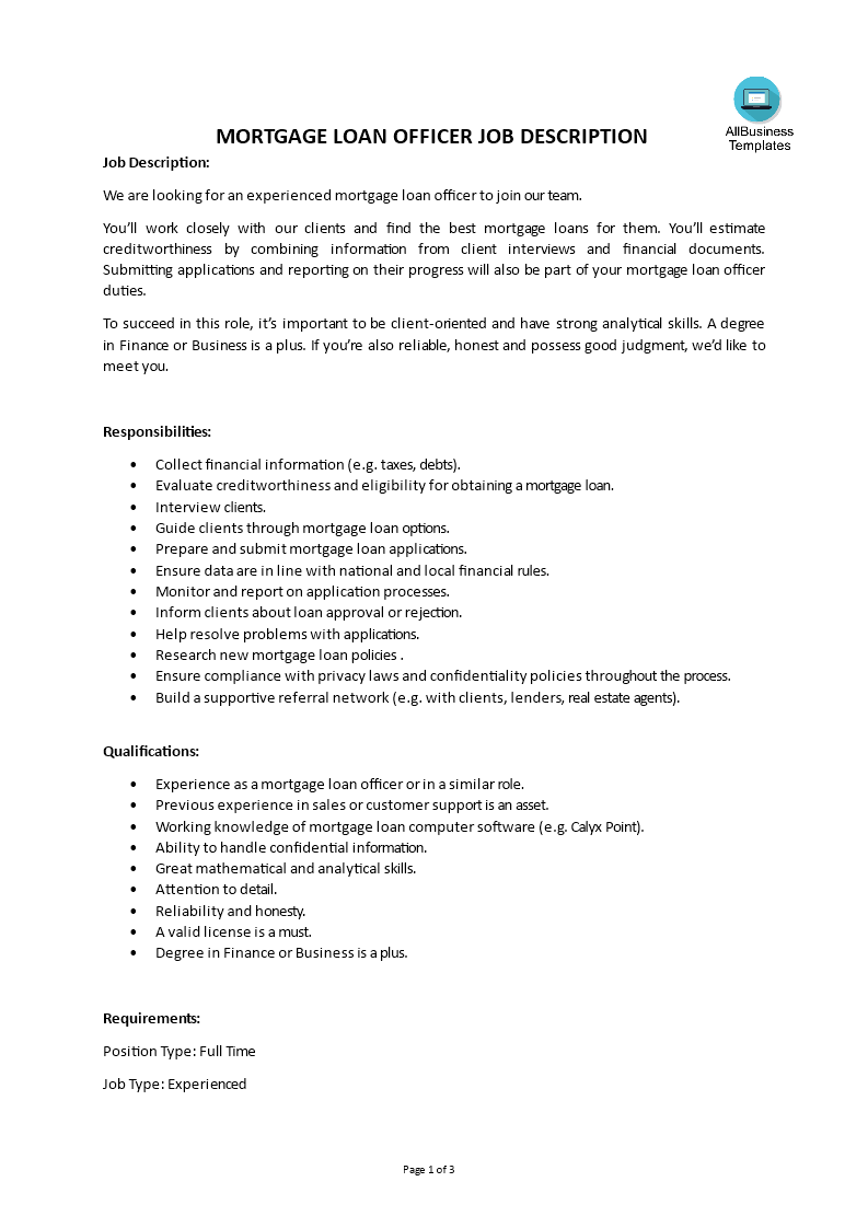 mortgage loan officer job description voorbeeld afbeelding 