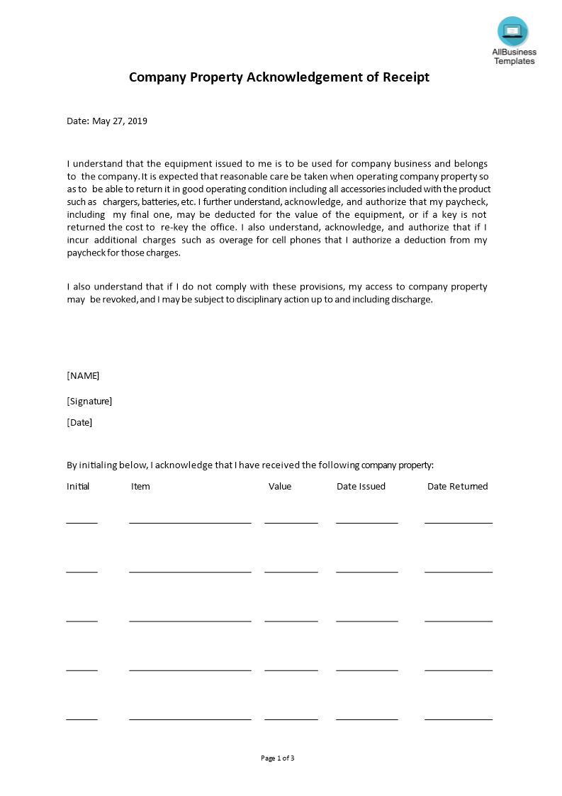 acknowledgement for company property template