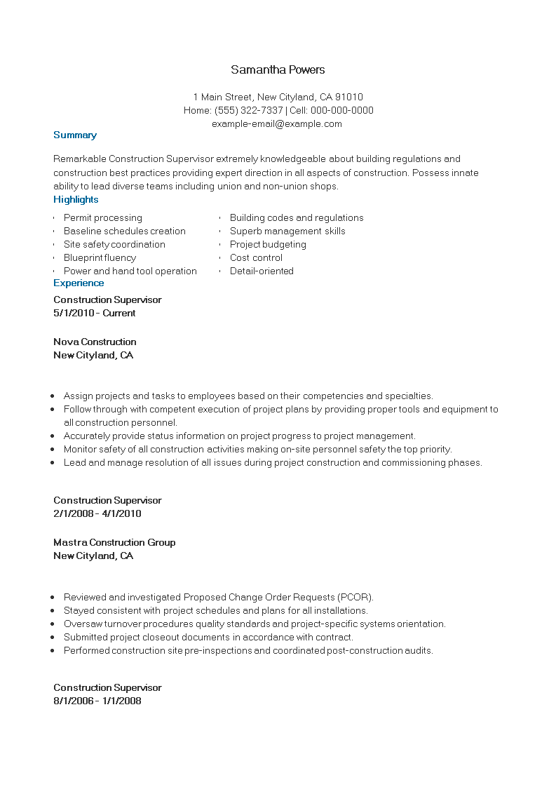 Construction Supervisor Work Resume main image