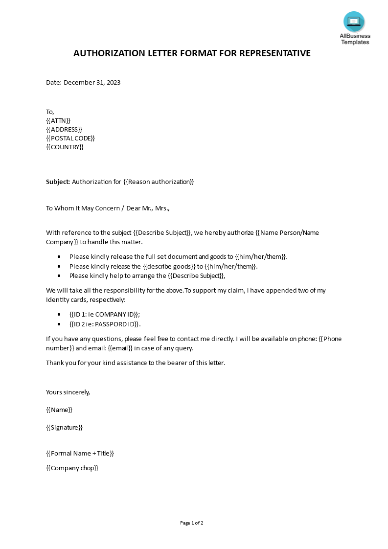 authorization letter format for representative Hauptschablonenbild