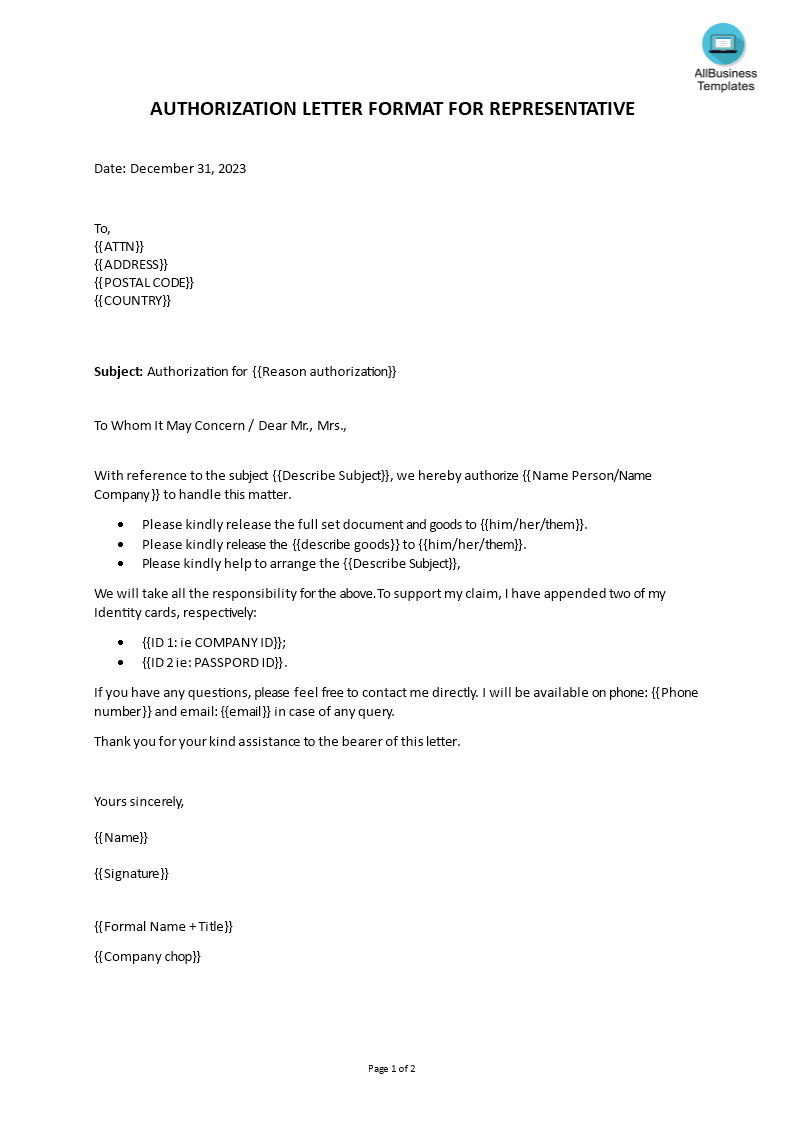 authorization letter format for representative voorbeeld afbeelding 