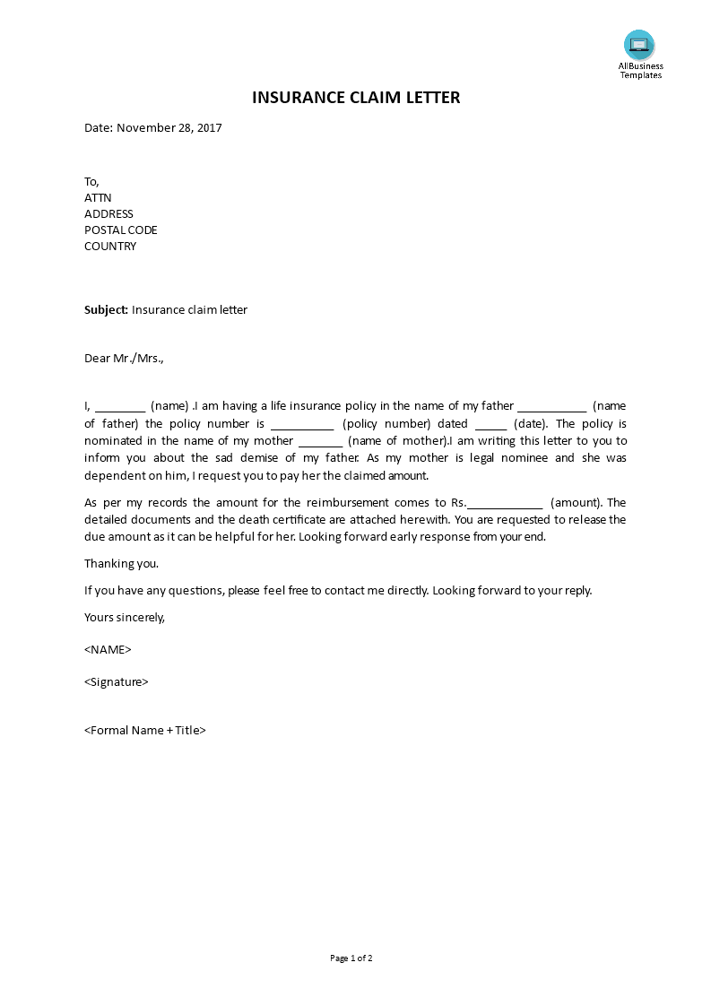 insurance claim letter template