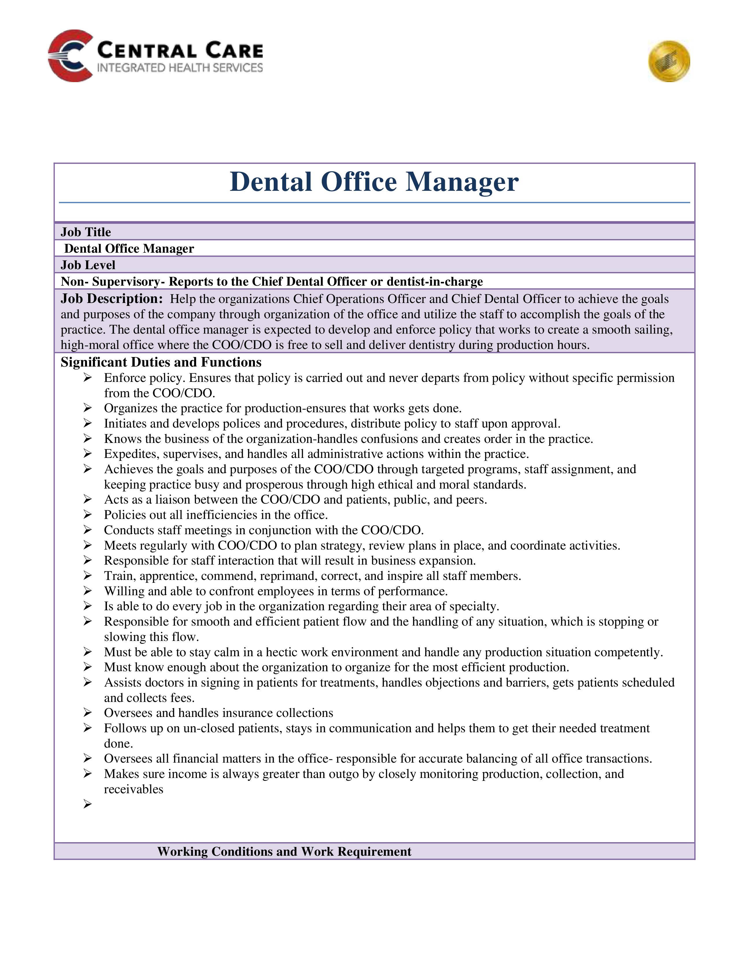 dentist office manager job description template