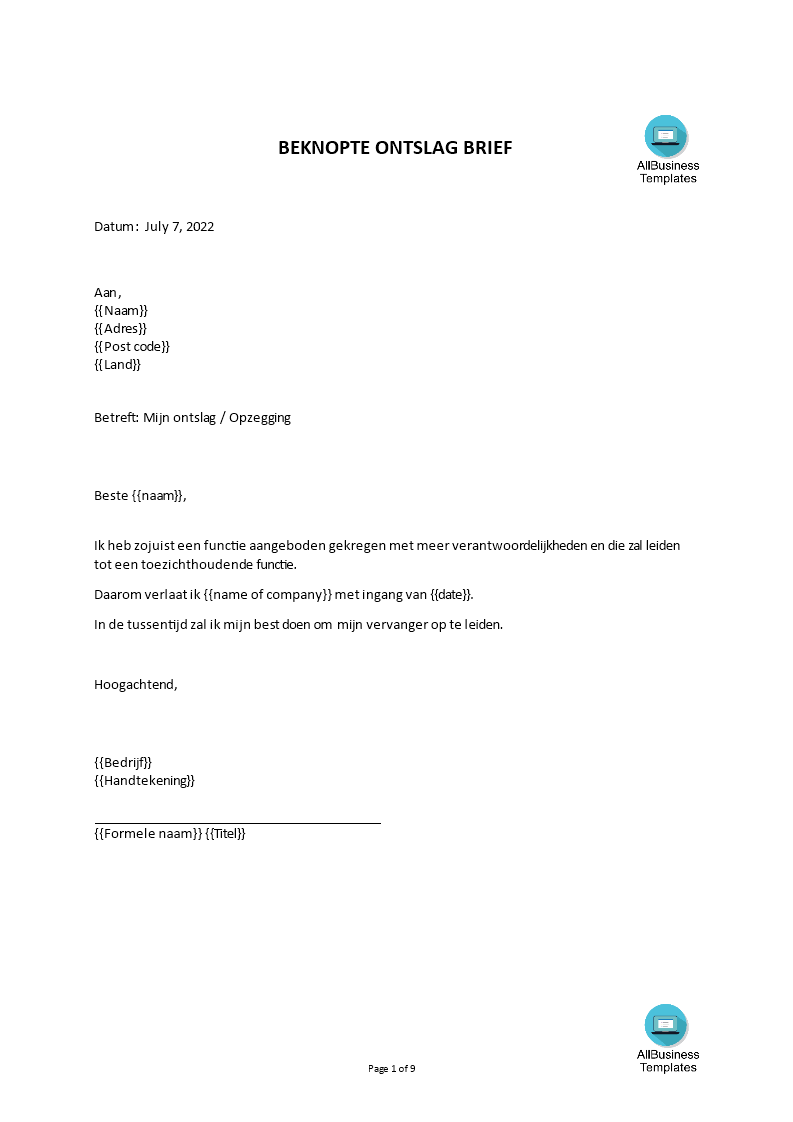 ontslag brief template voorbeeld afbeelding 