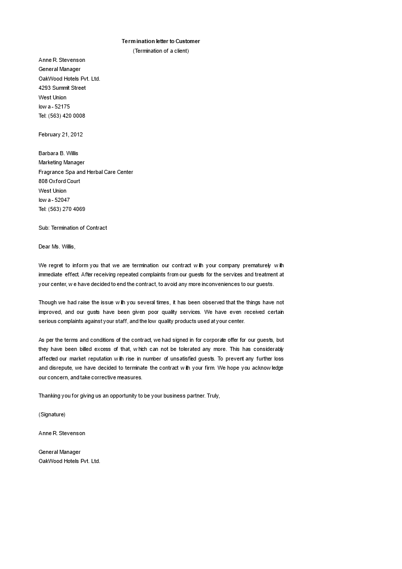 contract termination letter to customer modèles
