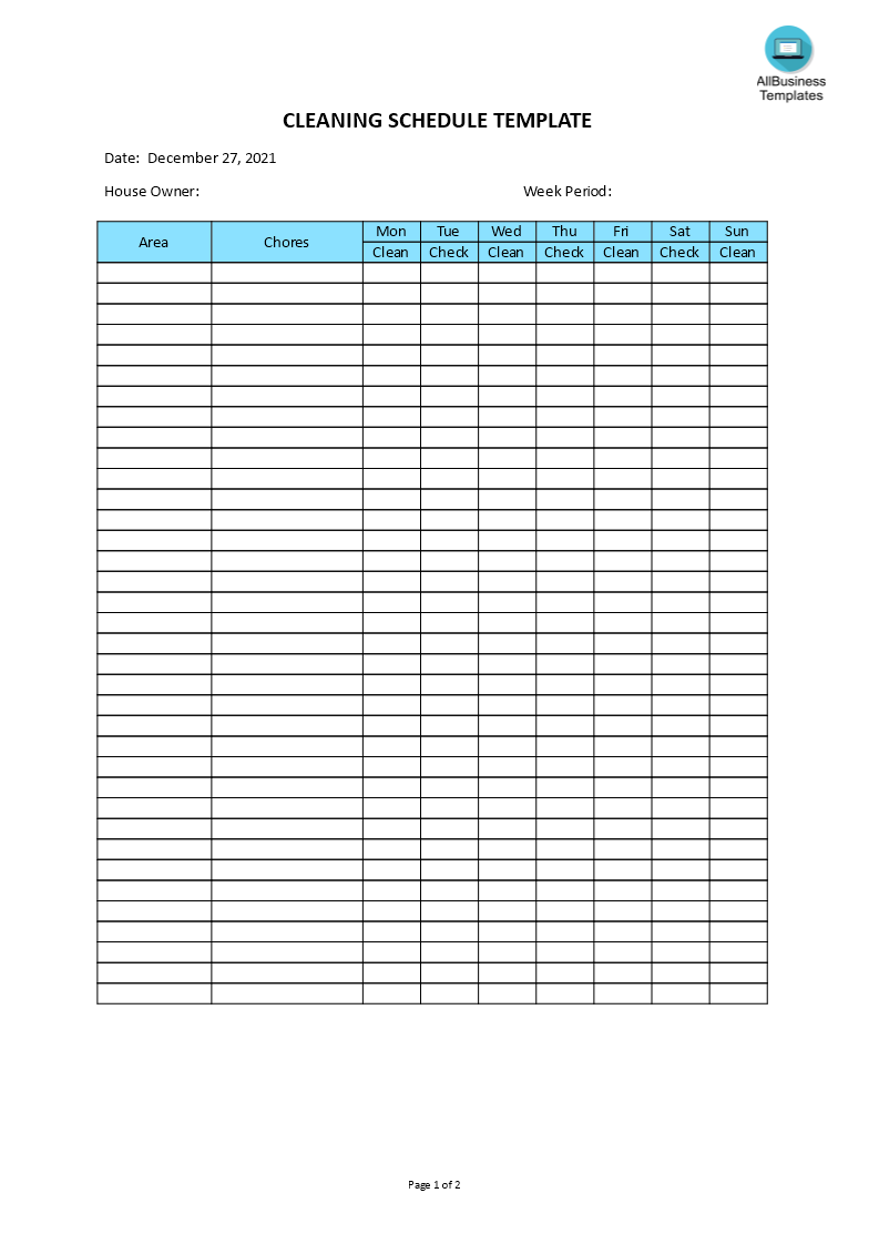 cleaning schedule template modèles