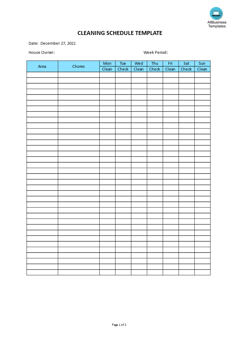 cleaning schedule template template