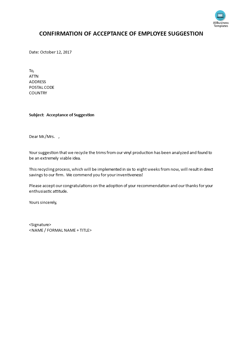 Confirmation Letter Acceptance Employee Suggestion - Premium Schablone