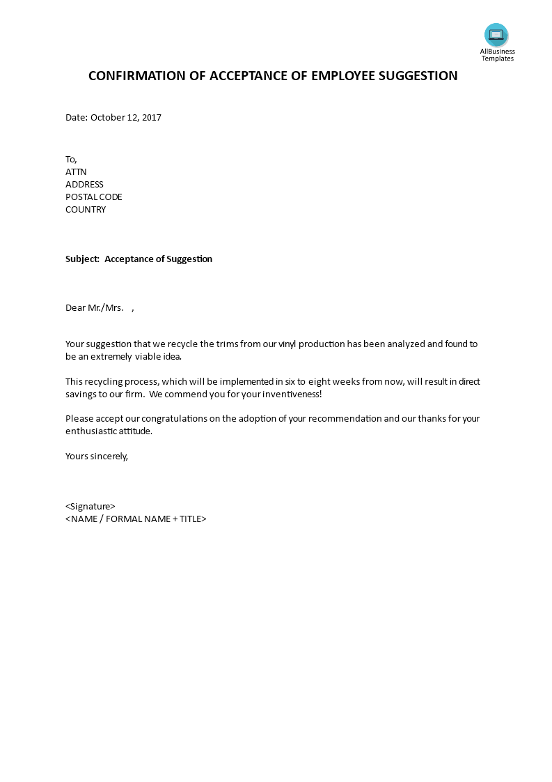 confirmation letter acceptance employee suggestion voorbeeld afbeelding 