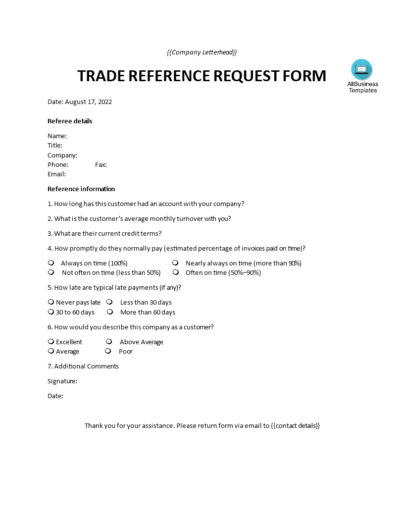 Trade Reference Form main image