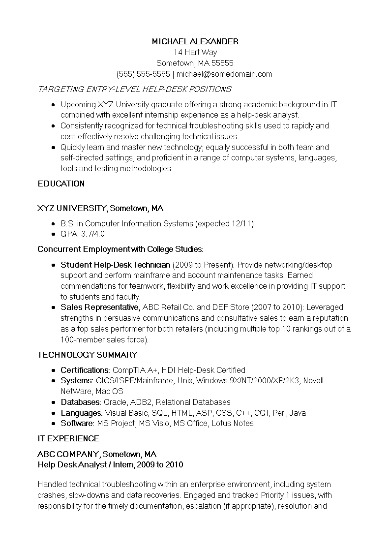 Basic Entry Level IT Resume main image