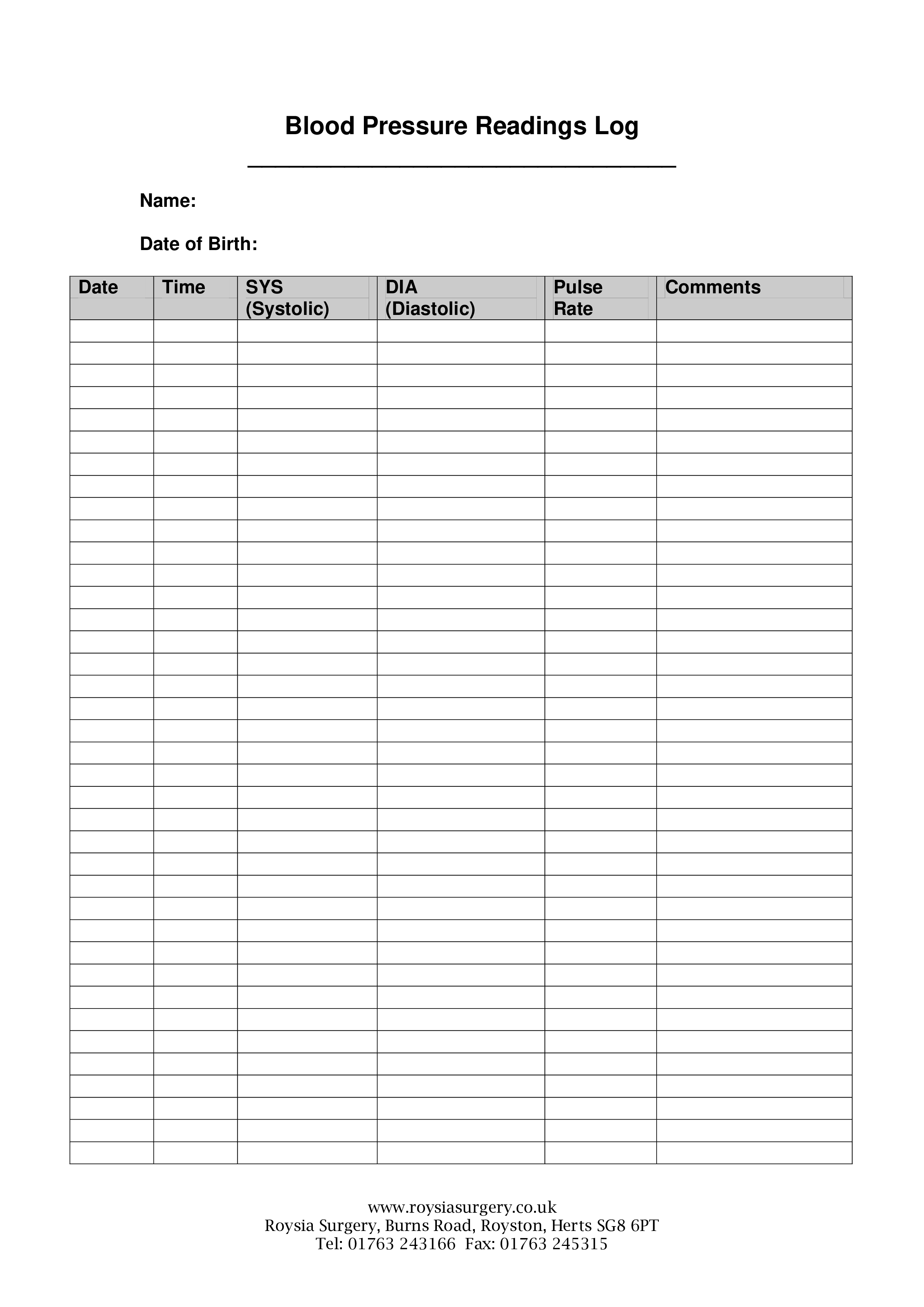 blood pressure reading log template