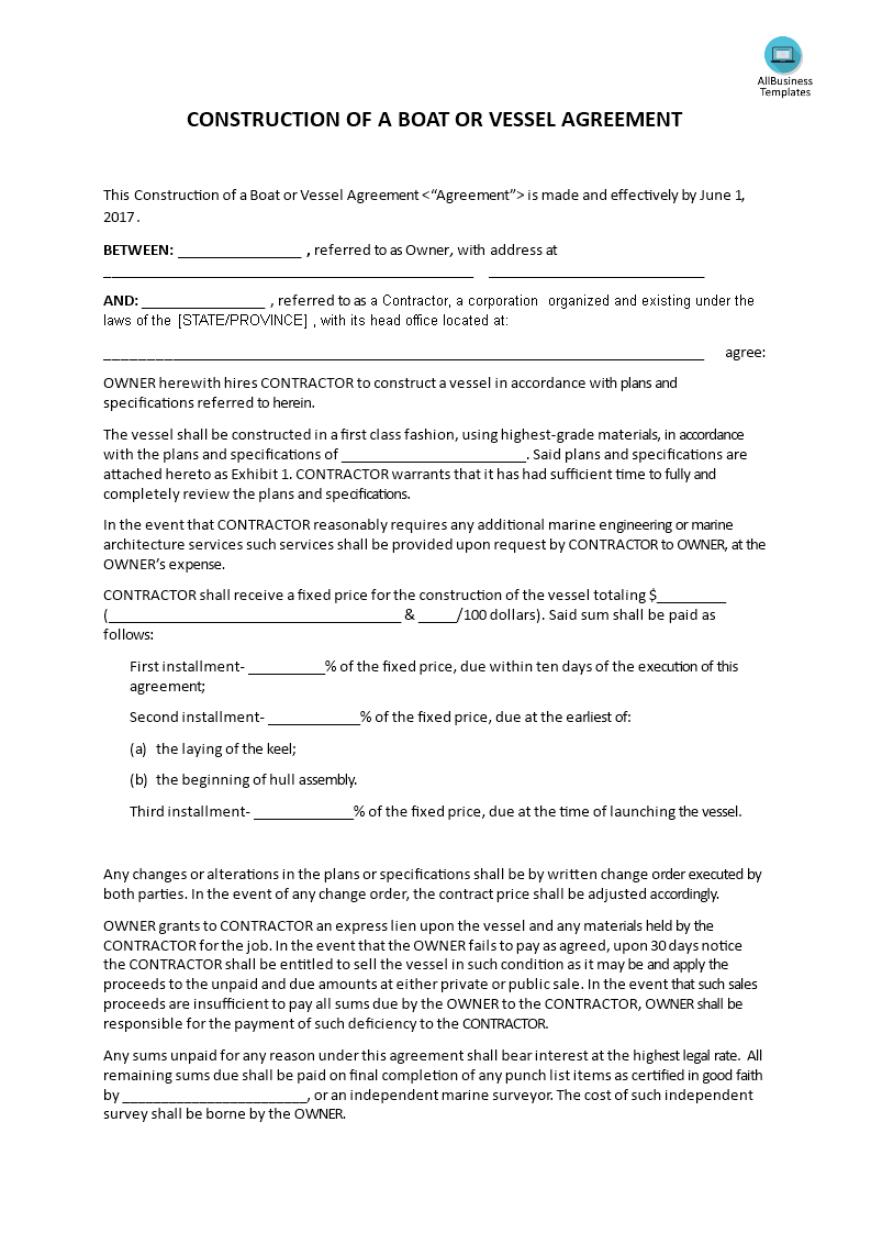 construction of a boat or vessel agreement template