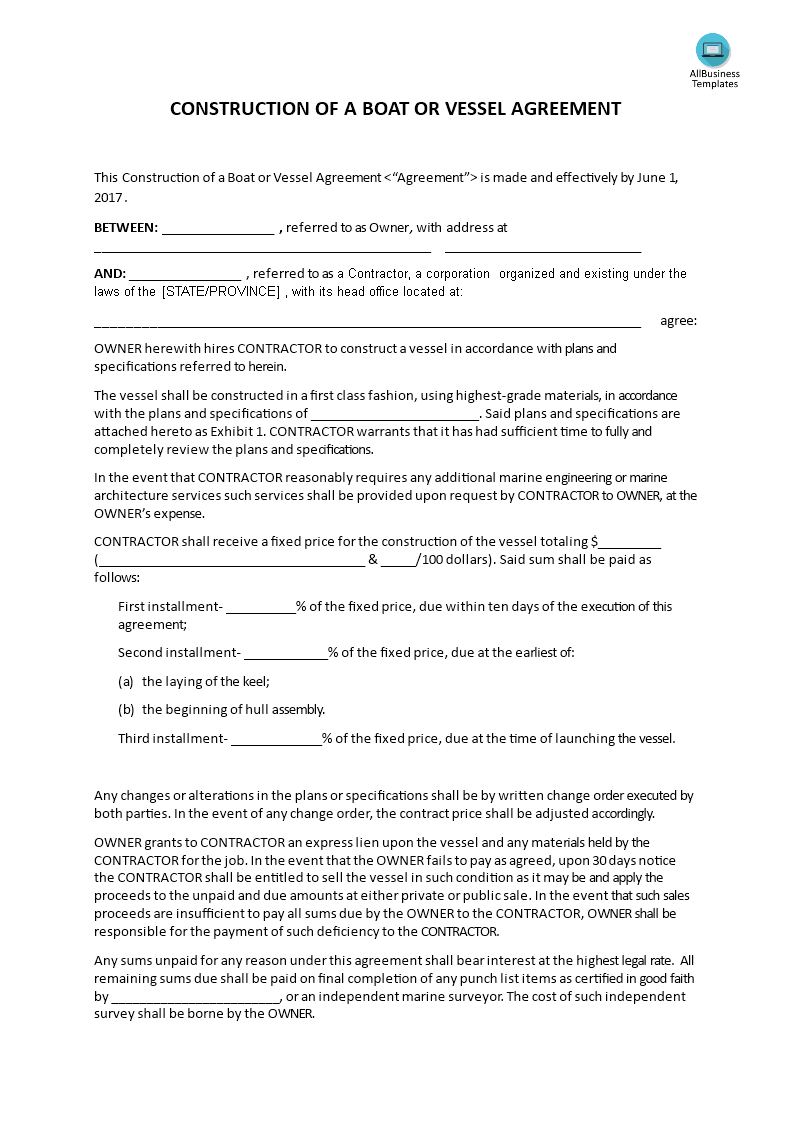 Construction Of A Boat Or Vessel Agreement main image