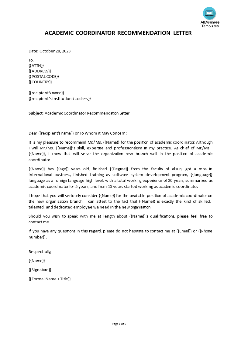 academic coordinator recommendation letter voorbeeld afbeelding 