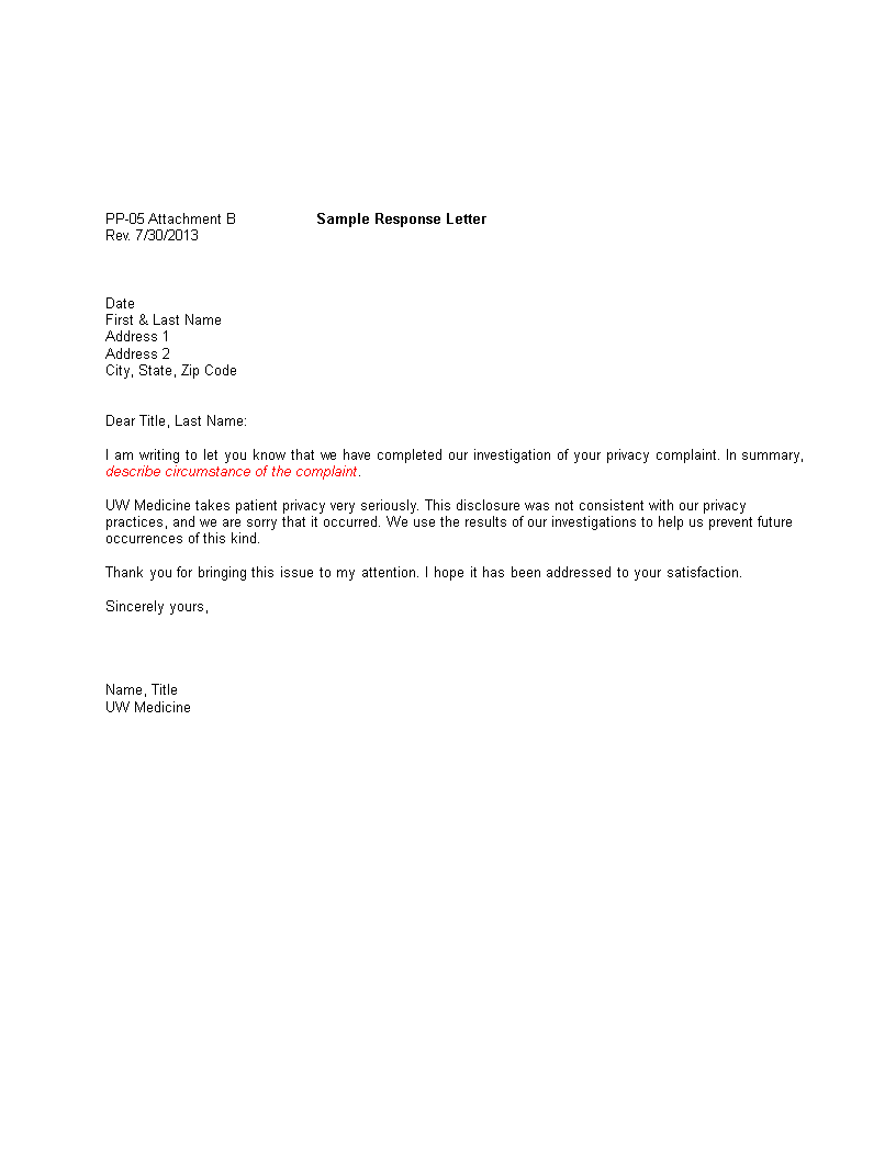 Patient Privacy Complaint Response Letter template main image