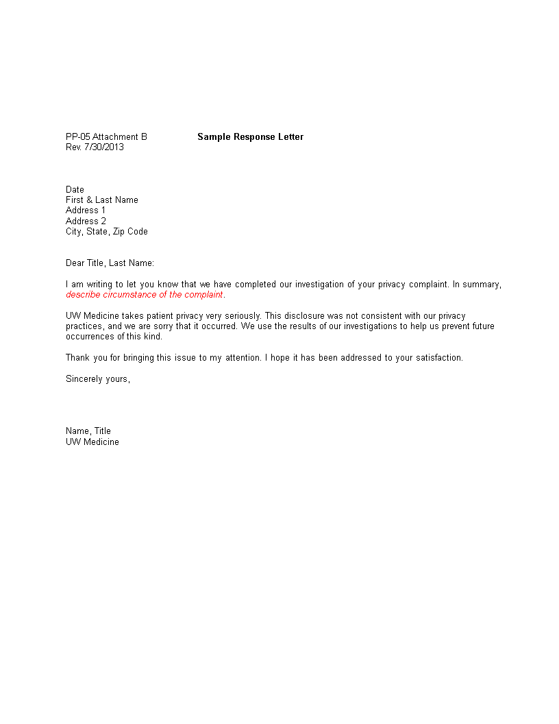 patient privacy complaint response letter template voorbeeld afbeelding 