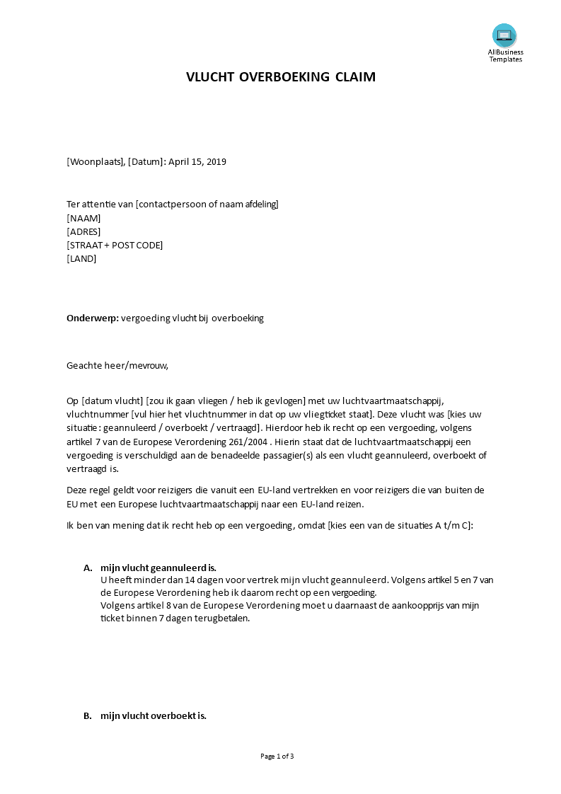 claim bij overboeking vlucht modelbrief template