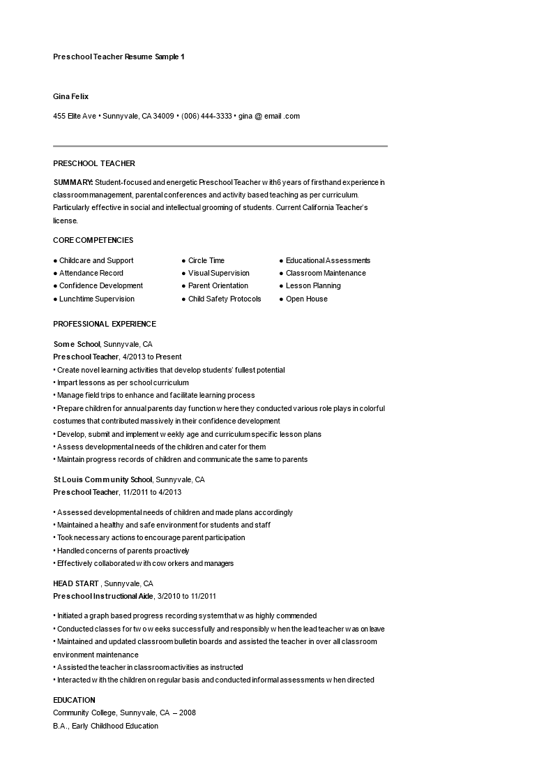 preschool childcare teacher resume modèles