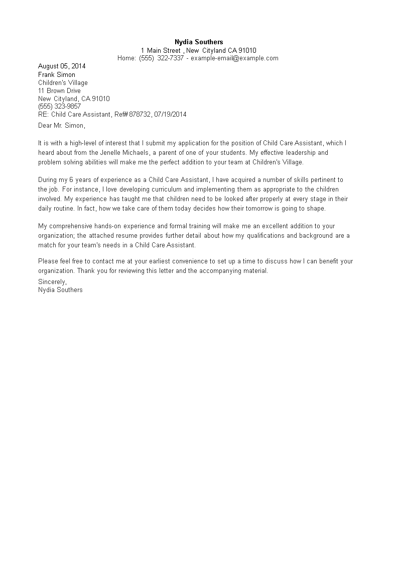 child care cover letter no experience