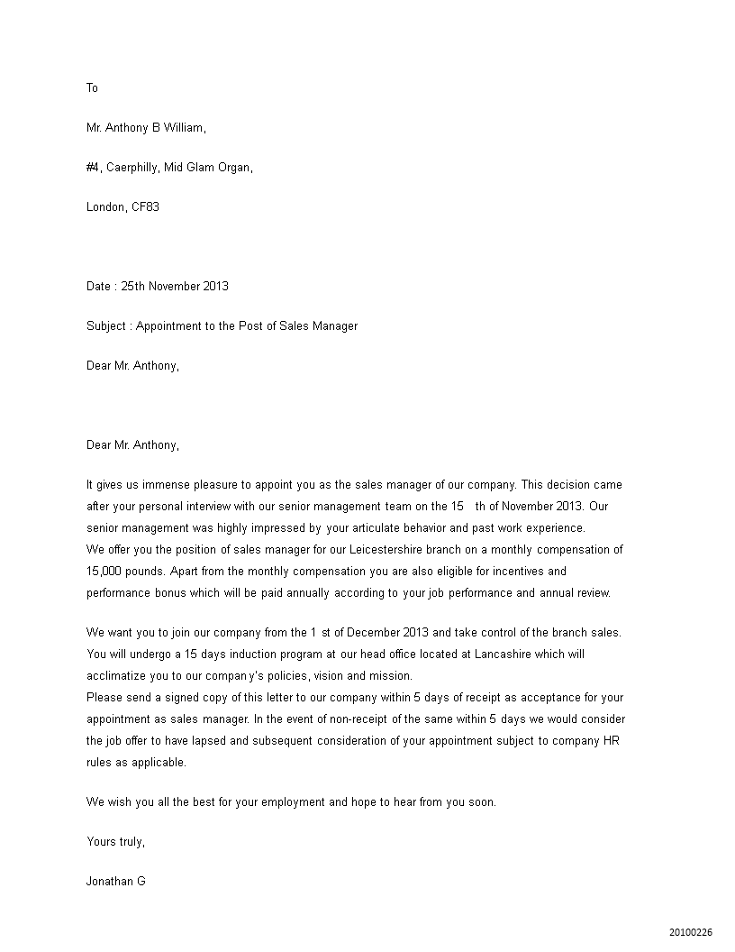company manager appointment letter template