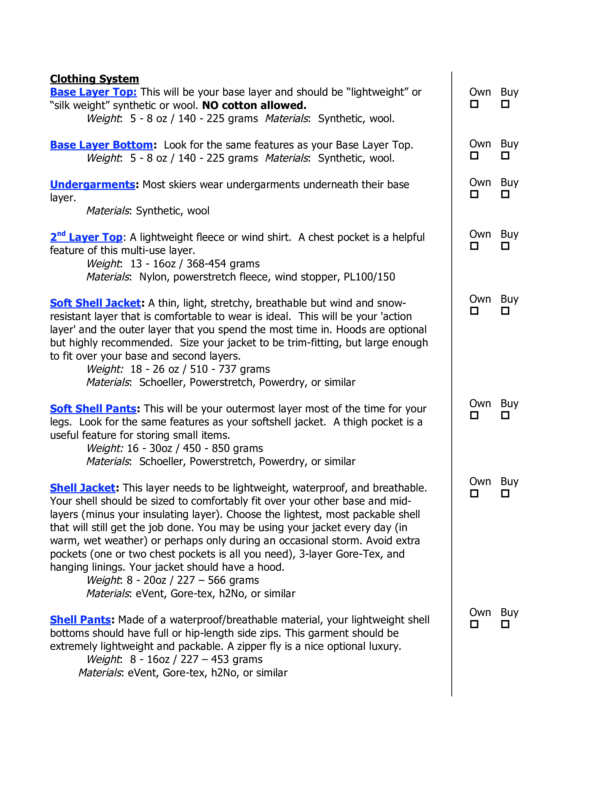 skiing and ski mountaineering equipment list template