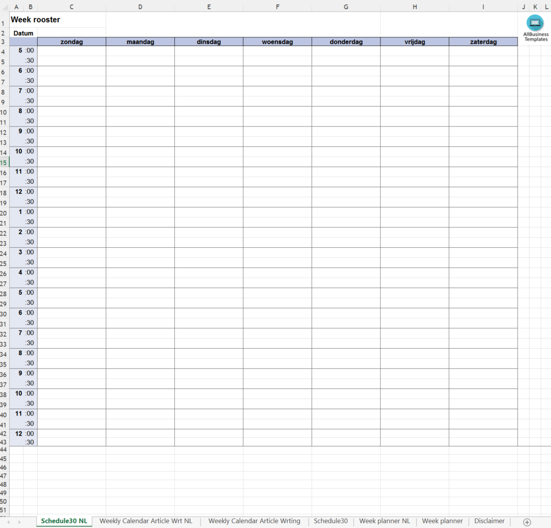 excel week rooster Hauptschablonenbild