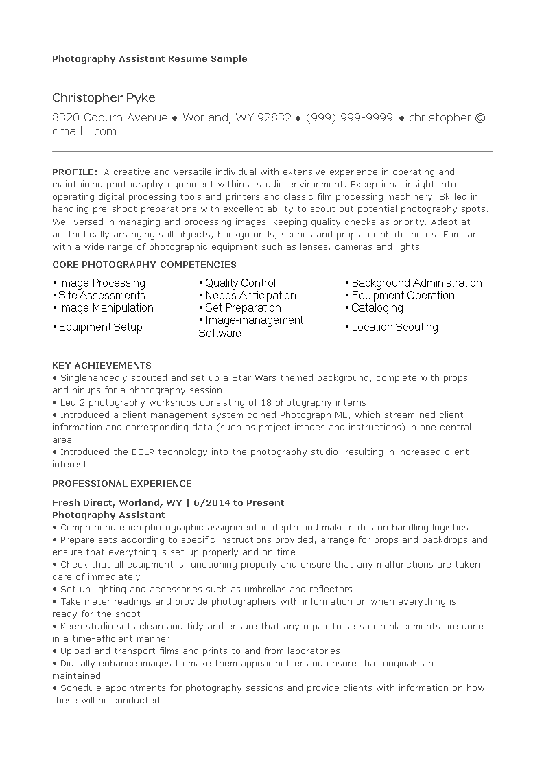Assistant Photographer Resume main image