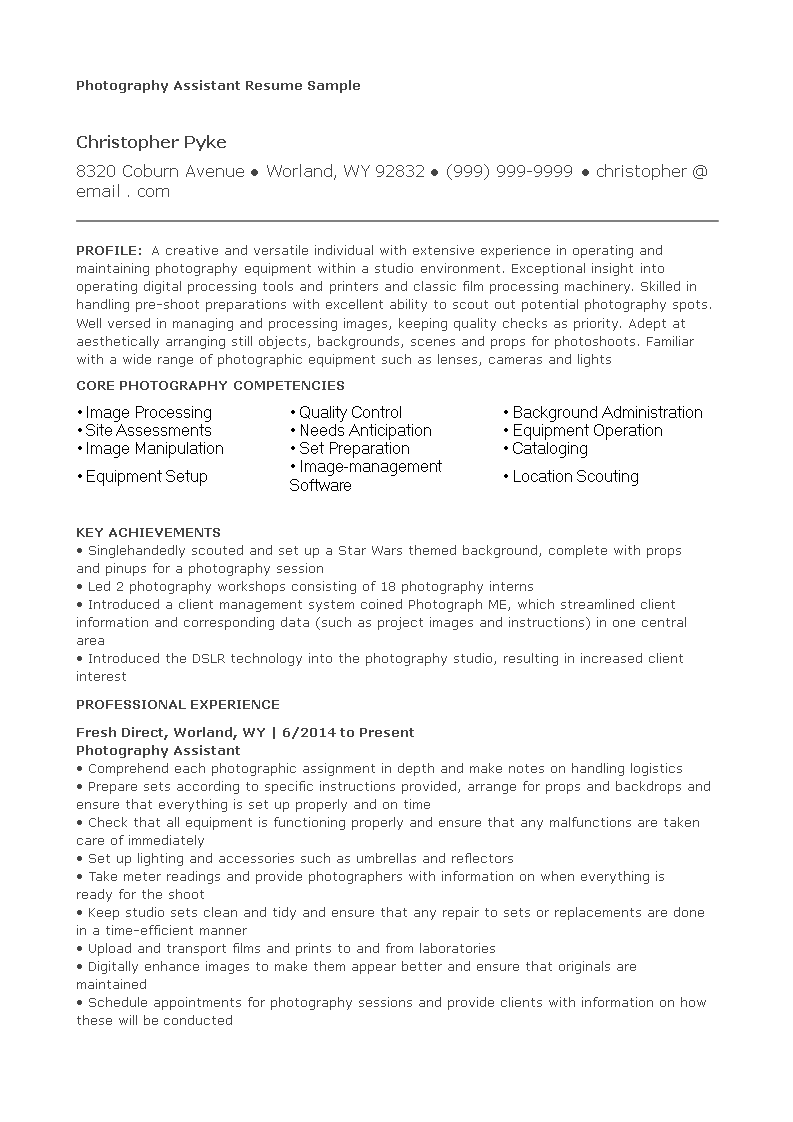 assistant photographer resume voorbeeld afbeelding 