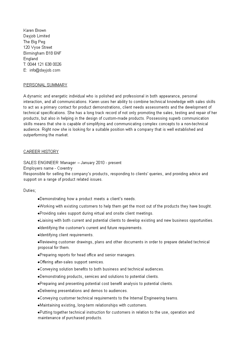 sales engineer manager curriculum vitae sample voorbeeld afbeelding 