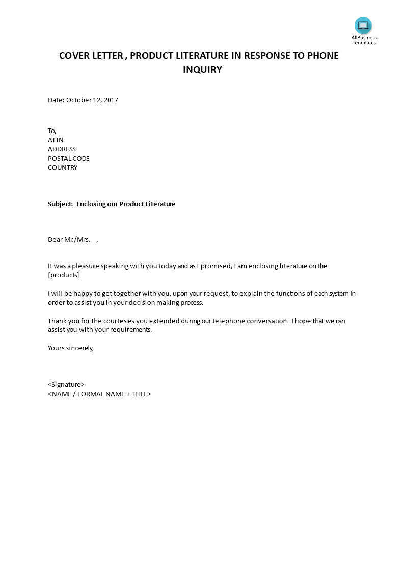 cover letter product literature in reply to phone inquiry plantilla imagen principal