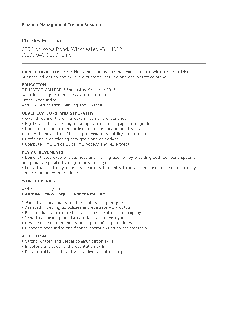 finance management trainee resume template