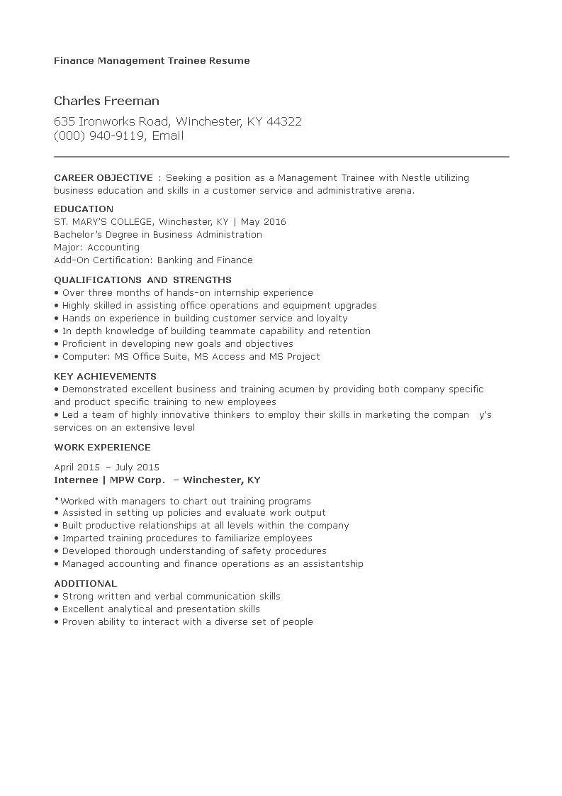 Finance Management Trainee Resume main image